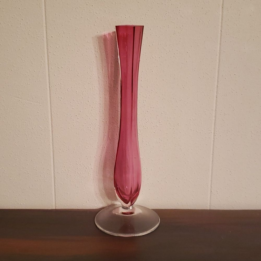 Vintage Beautiful Val St Lambert Cranberry Glass Flower Bud Vase Clear Base
